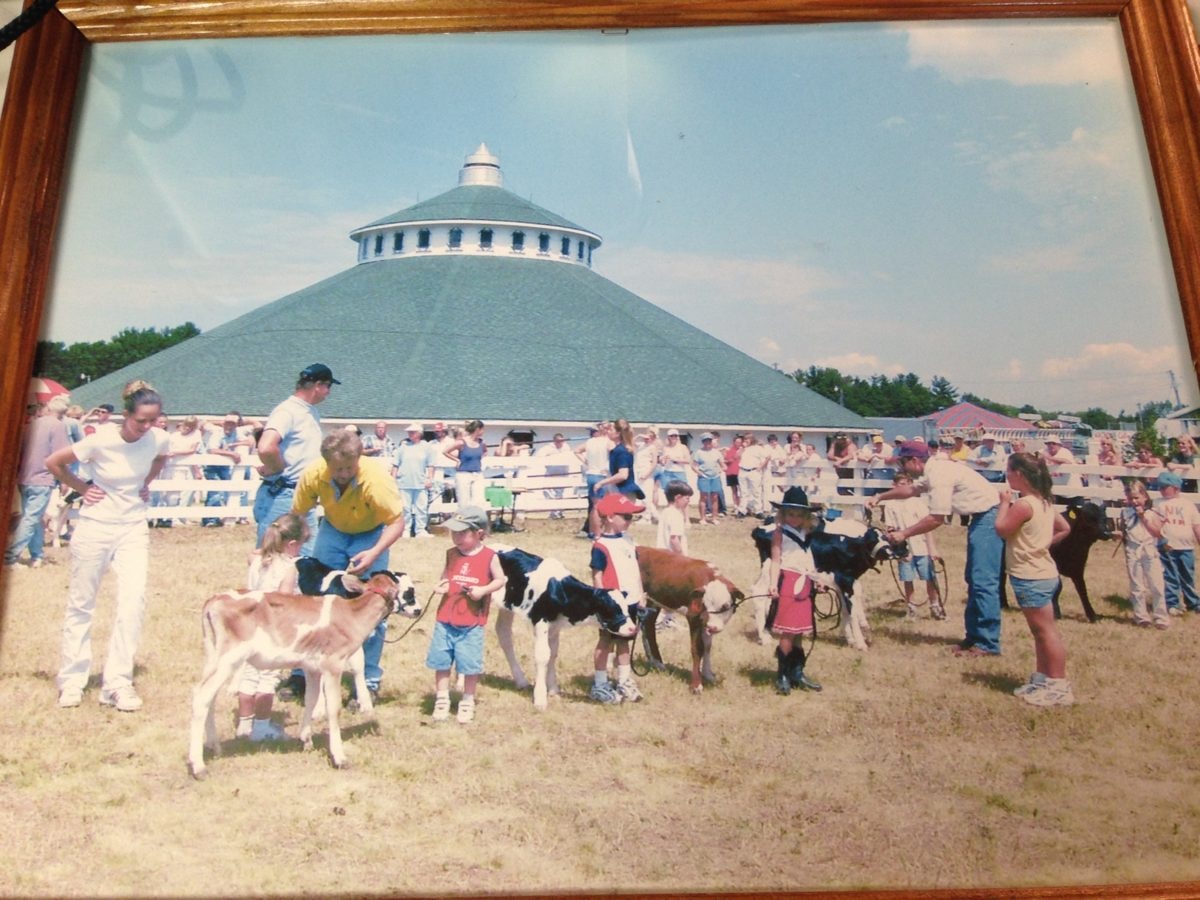 Youth livestock show with calves in front of the iconic round barn